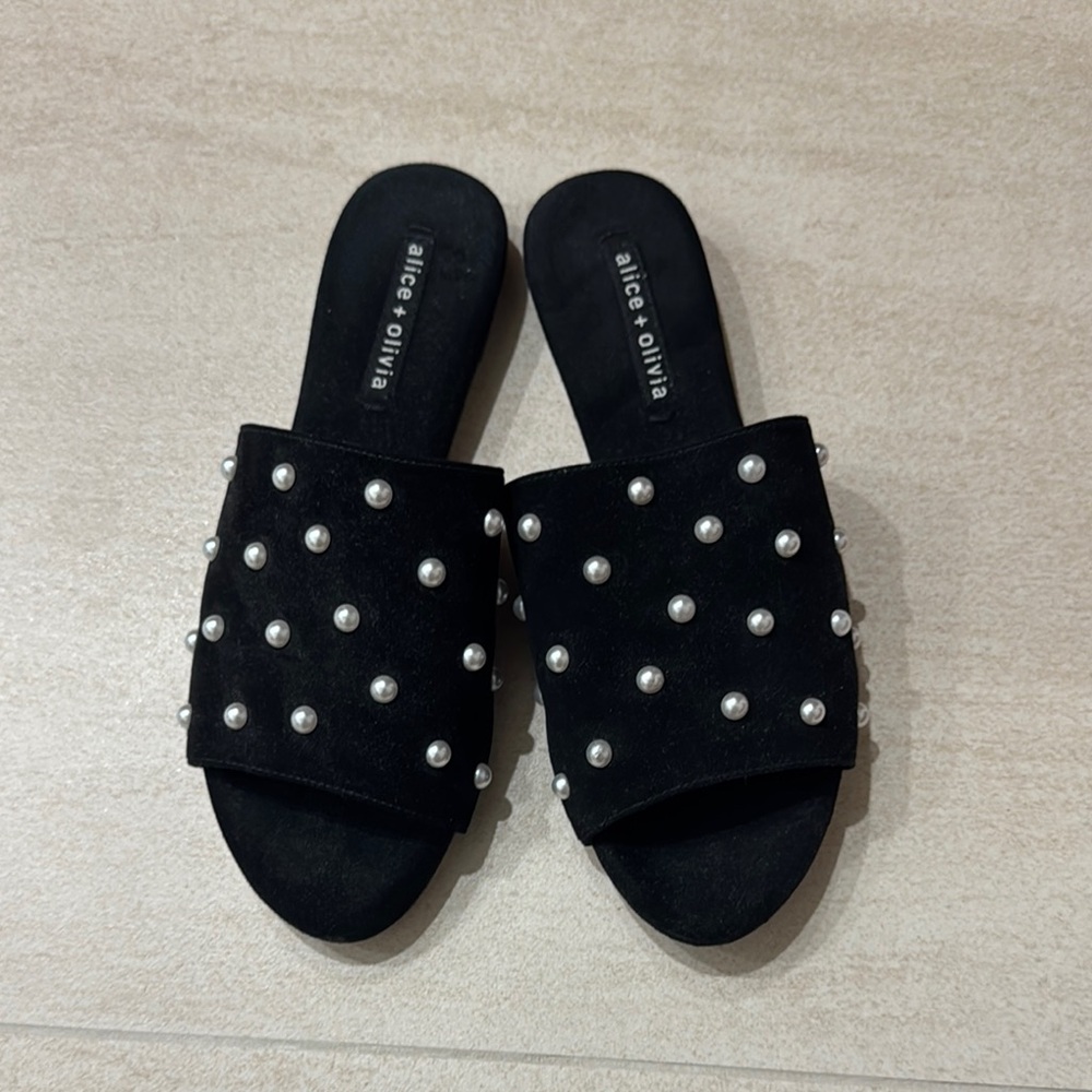Alice + Olivia Black Mules with Pearl Accents